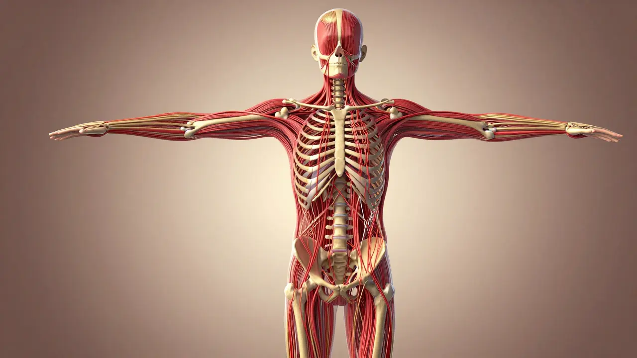 Schéma artistique du fascia humain en réalignement, avec des fils colorés reliant les zones tendues du corps.