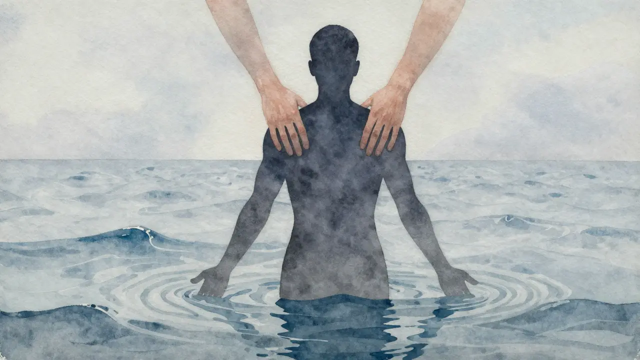 Silhouette humaine se fondant dans des vagues de calme, touchée par des mains bienveillantes sans effort.