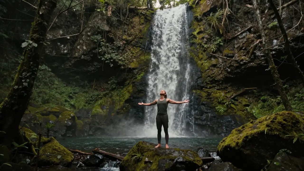 Un randonneur immobile près d'une cascade cachée, les yeux fermés, entouré de forêt primaire et de rochers moussus.