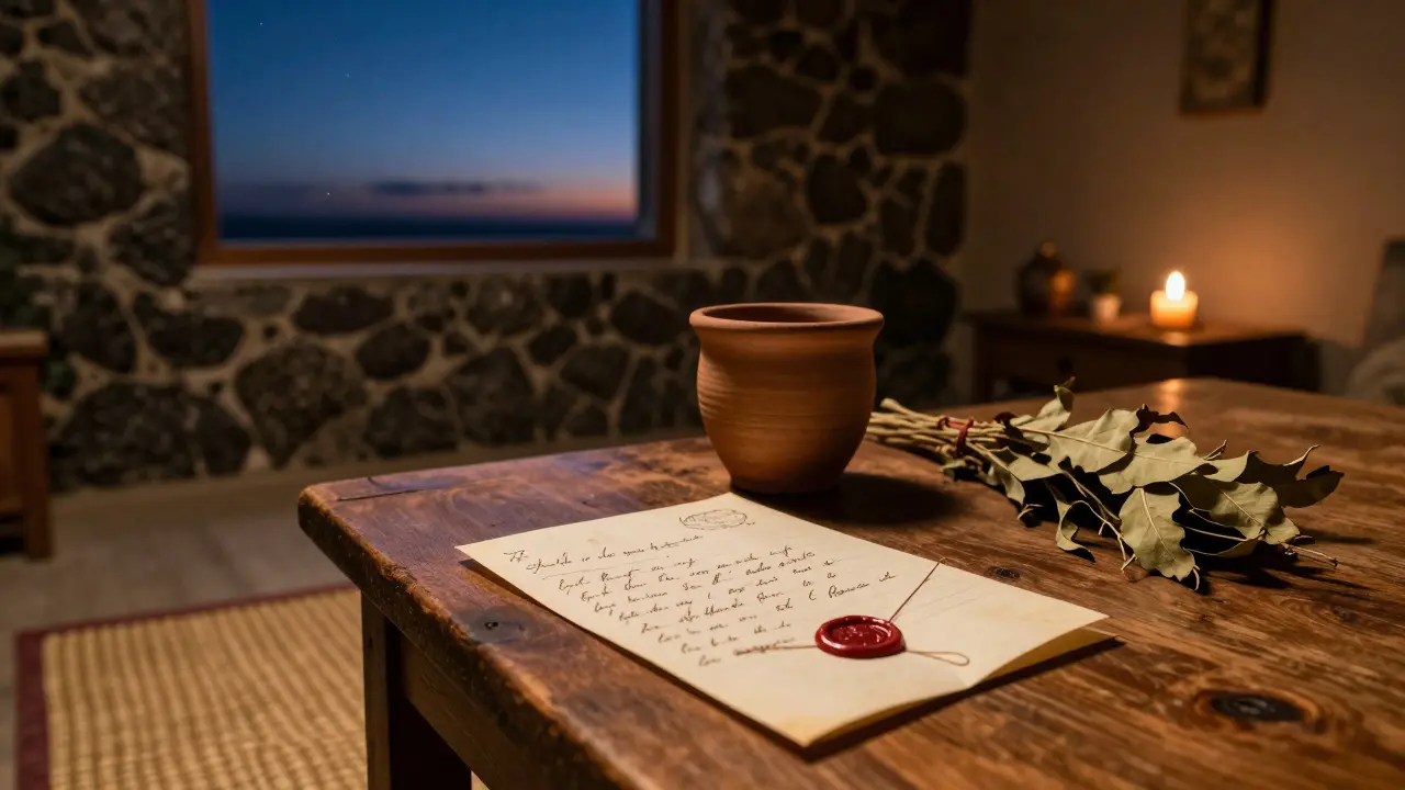 Une lettre manuscrite posée sur une table en bois, avec une tasse en argile et des feuilles de gigaro, sous un ciel étoilé sans lumière artificielle.