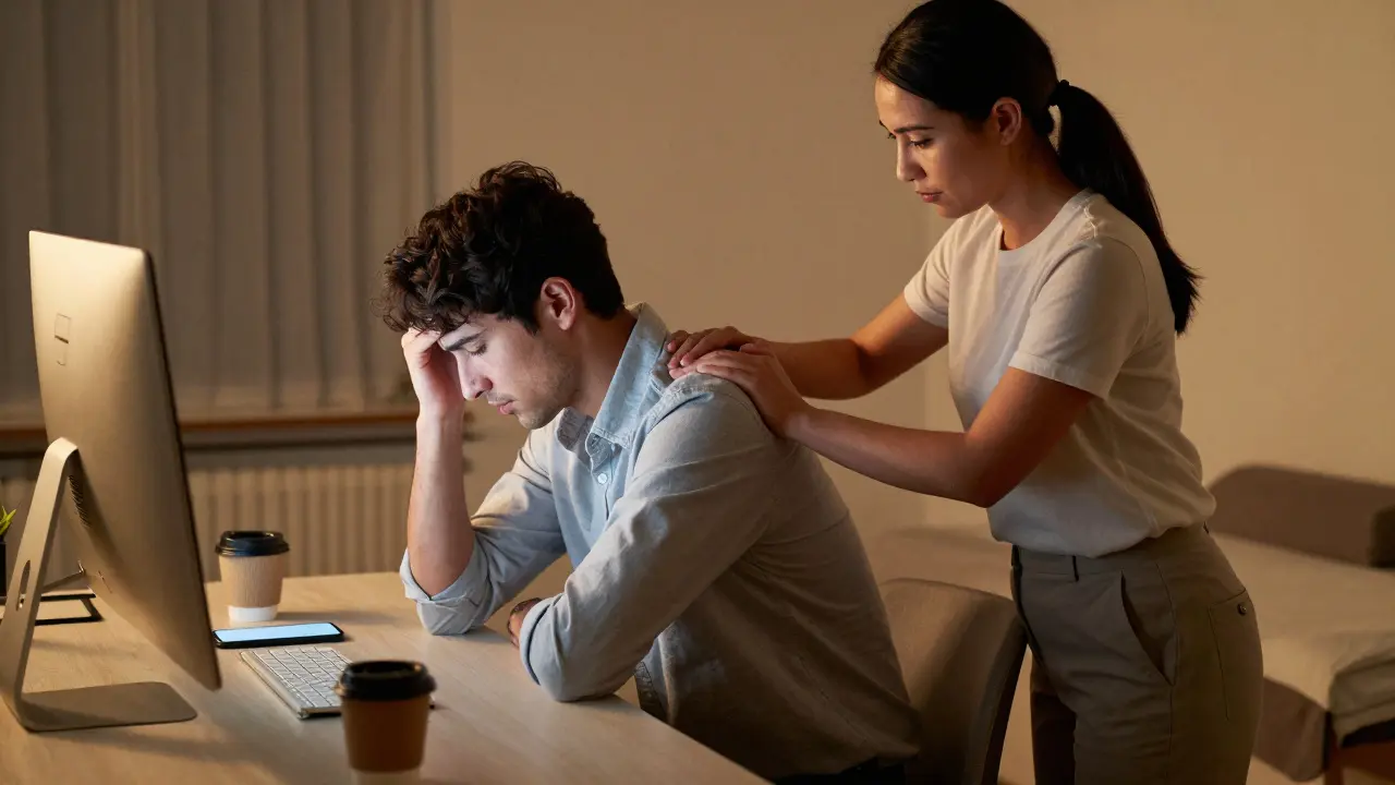 Contraste entre une personne stressée devant un écran et la même personne détendue après un massage amma, avec des mains qui libèrent la tension entre les omoplates.