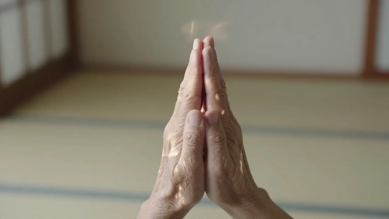 Deux mains pressant ensemble le point d'acupression LI4 entre le pouce et l'index, symbole de soin ancestral et de paix intérieure.