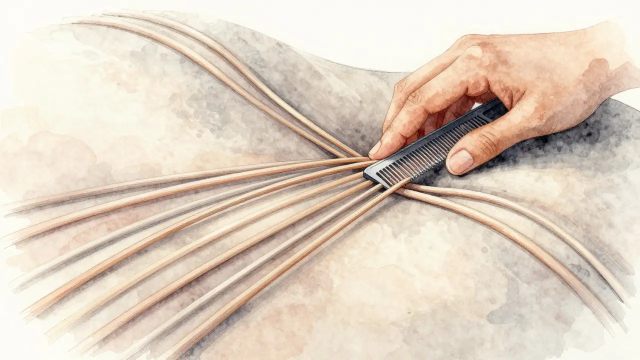 Fibres fasciales emmêlées séparées par un outil fin, symbole de la libération croisée.