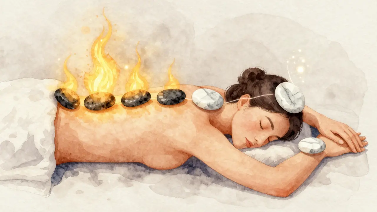 Illustration contrastée de pierres chaudes et froides posées sur le corps, symbolisant l'équilibre thermique en thérapie.