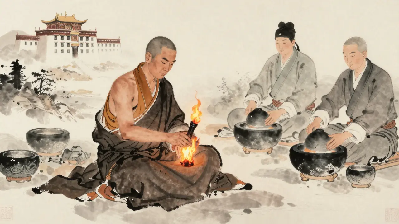 Peinture traditionnelle chinoise montrant des moines tibétains et des praticiens utilisant des pierres chauffées.