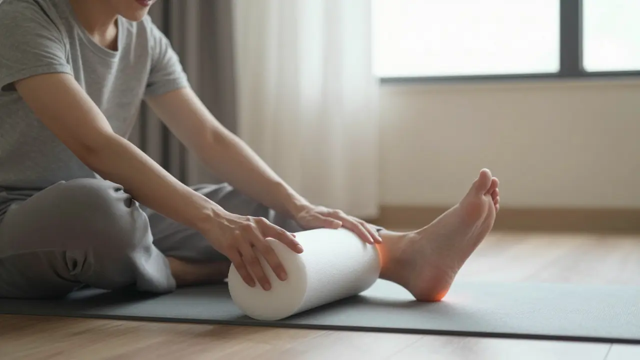 Personne utilisant un rouleau de mousse pour soulager le fascia plantaire chez elle.