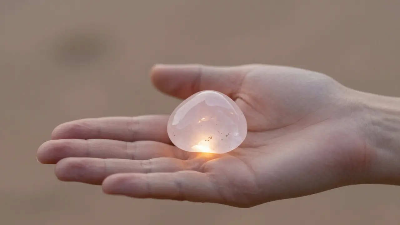 Pierre de quartz rose posée sur une paume, émettant une douce lueur, représentant la connexion naturelle avec le corps.