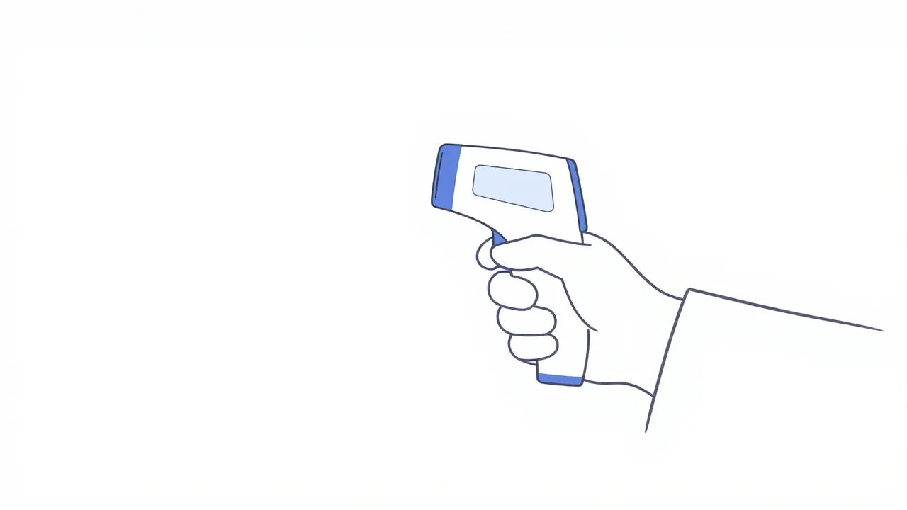 Praticien certifié vérifiant la température de la flamme avec un thermomètre infrarouge.