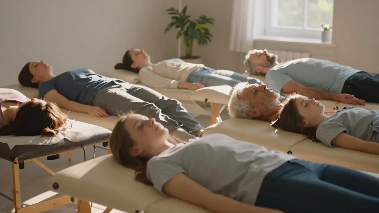 Quatre personnes de différents âges en pleine détente pendant une séance de thérapie craniosacrale, dans une pièce lumineuse et apaisante.