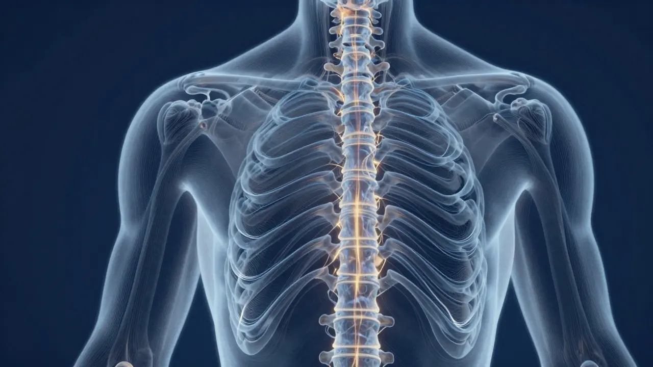 Représentation schématique du système craniosacréal avec des ondes de liquide céphalo-rachidien pulsant doucement autour de la moelle épinière et du crâne.