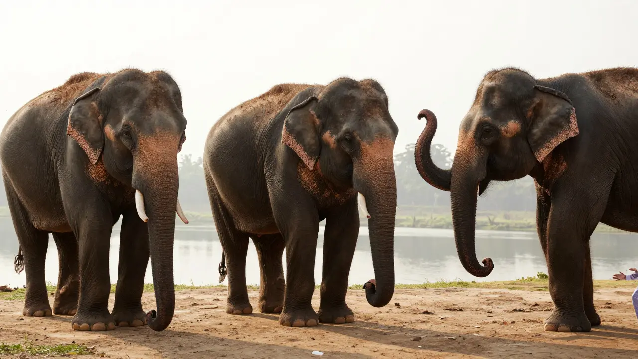 Trois éléphants illustrent leur parcours de traumatisme à la confiance grâce au massage, au lever du soleil.