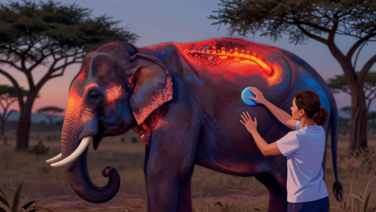 Un éléphant reçoit un massage thérapeutique, avec une représentation subtile de la chaleur de sa peau qui diminue.