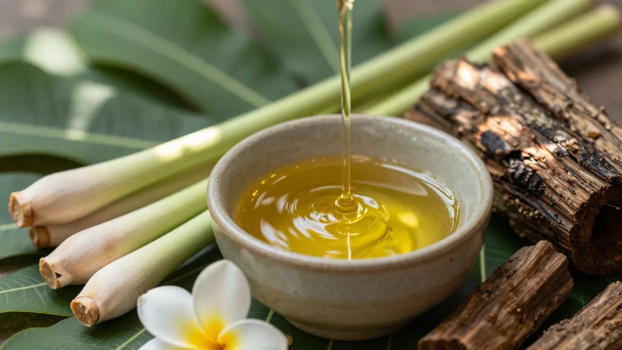 Gros plan sur des huiles naturelles et plantes tropicales.