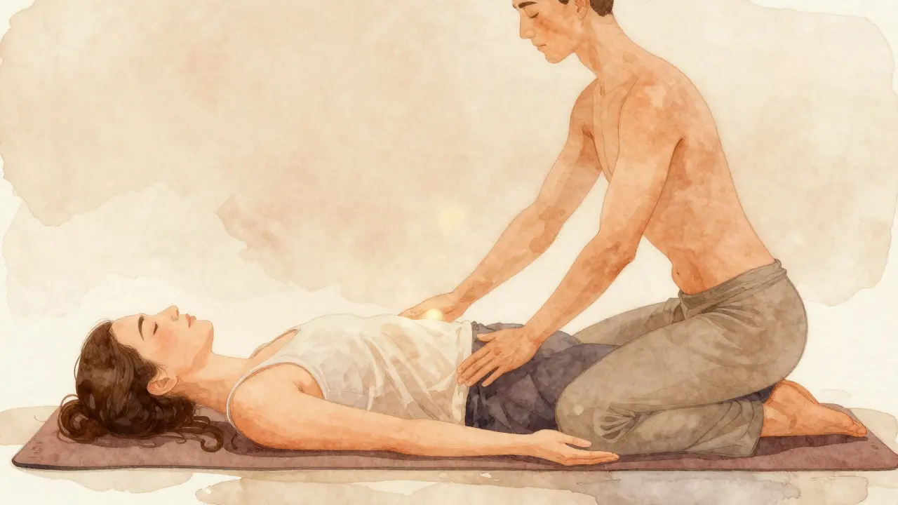 Illustration douce en aquarelle de deux personnes en pratique Breema, mains au-dessus du corps sans pression, atmosphère calme et chaleureuse.