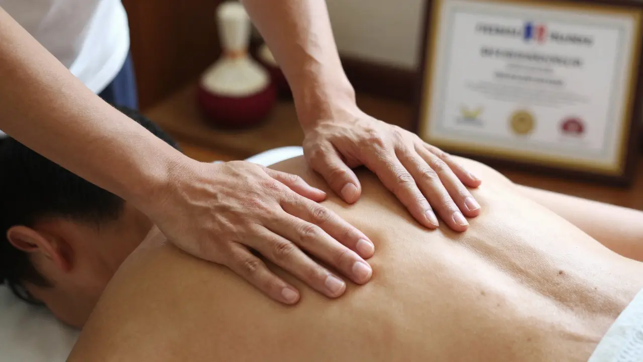 Main experte d'un masseur aveugle détectant les tensions musculaires avec une précision tactile fine.