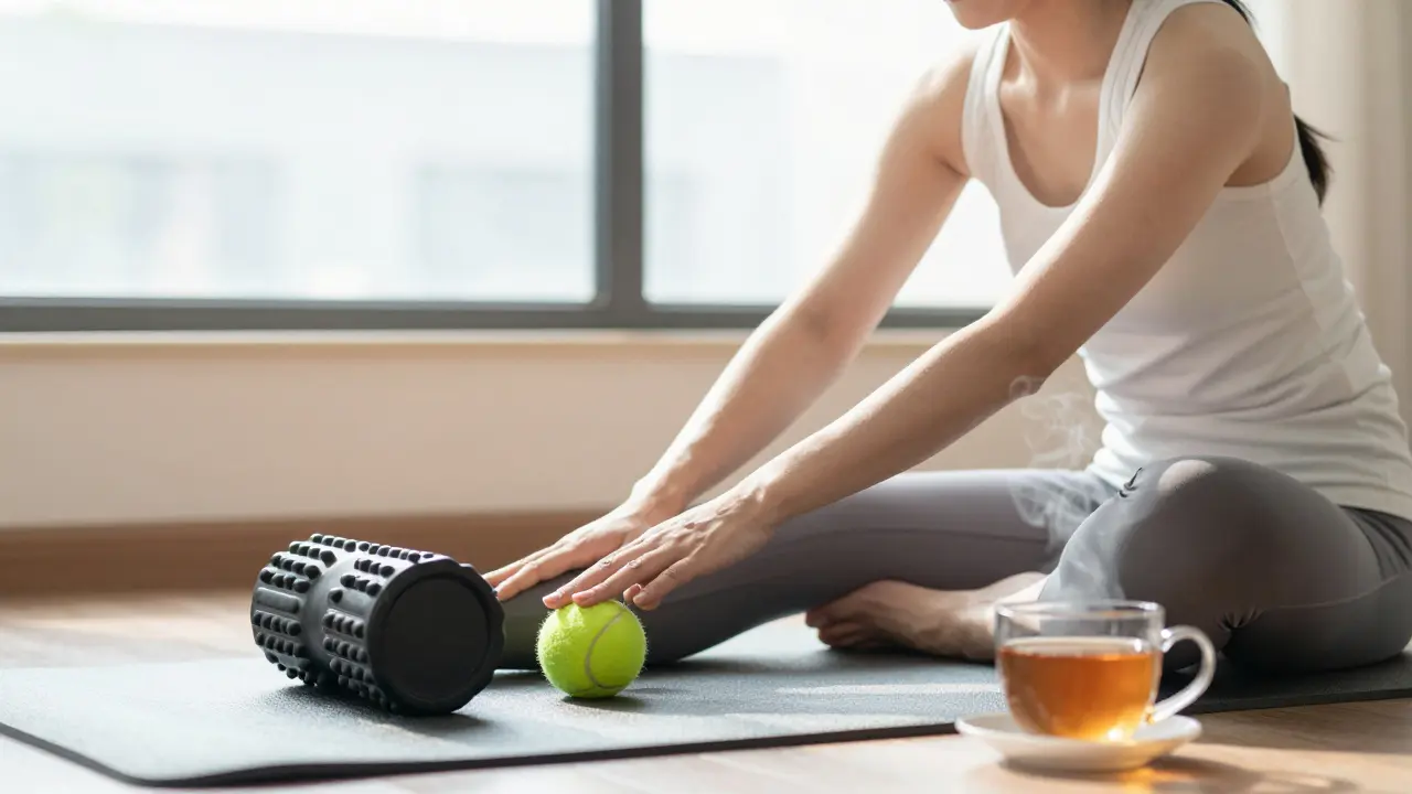 Personne détendue après une séance de massage des points déclencheurs, avec une balle et un rouleau à proximité.