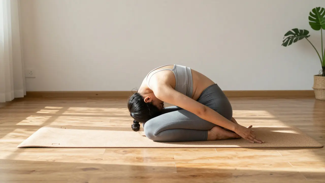 Personne pratiquant un étirement lent sur un tapis de yoga à la maison