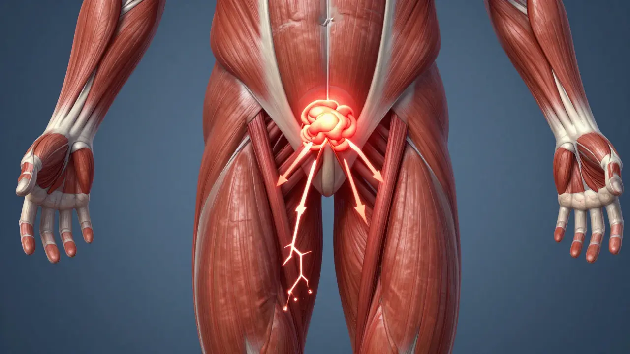 Schéma anatomique montrant un point déclencheur dans le muscle piriforme avec des douleurs référées vers la jambe.