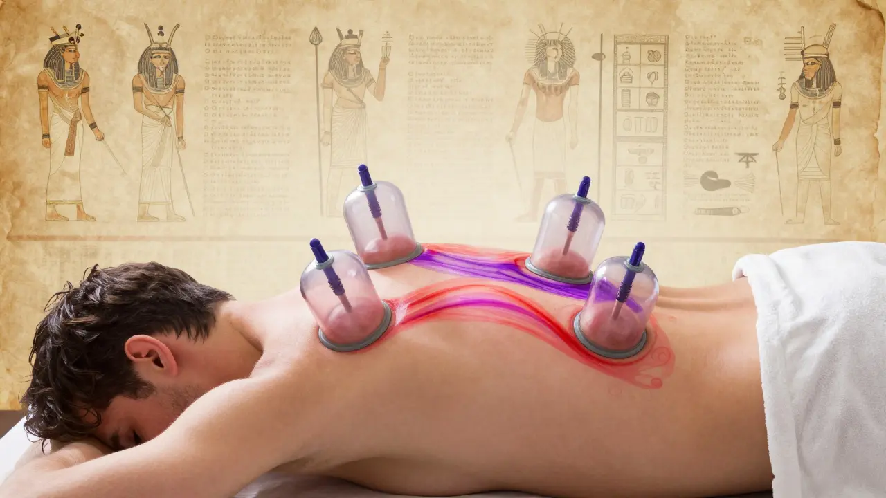 Schéma conceptuel des effets physiologiques de la cupping therapy sur la circulation et les fascias.