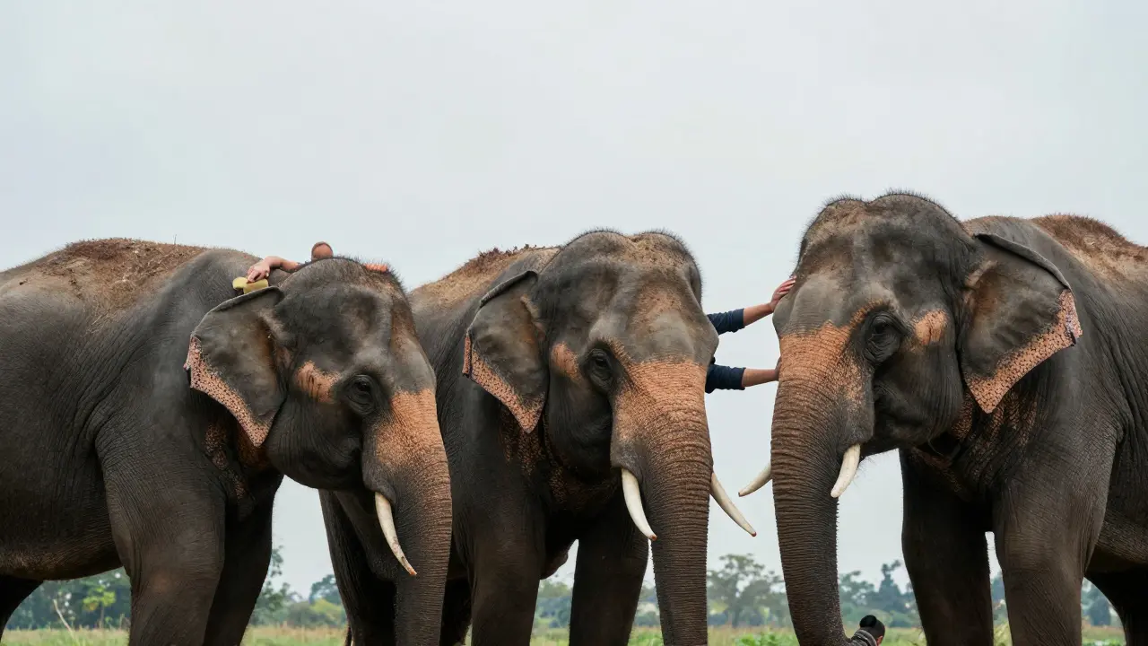 Trois éléphants dans un sanctuaire, chacun à un stade différent de massage, montrant confiance et calme.