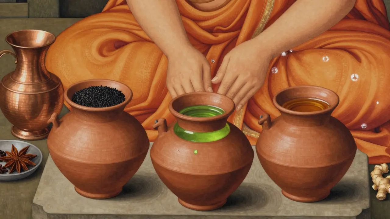 Trois huiles médicinales ayurvédiques distinctes dans des pots en argile, accompagnées d'épices séchées sur un autel en pierre.