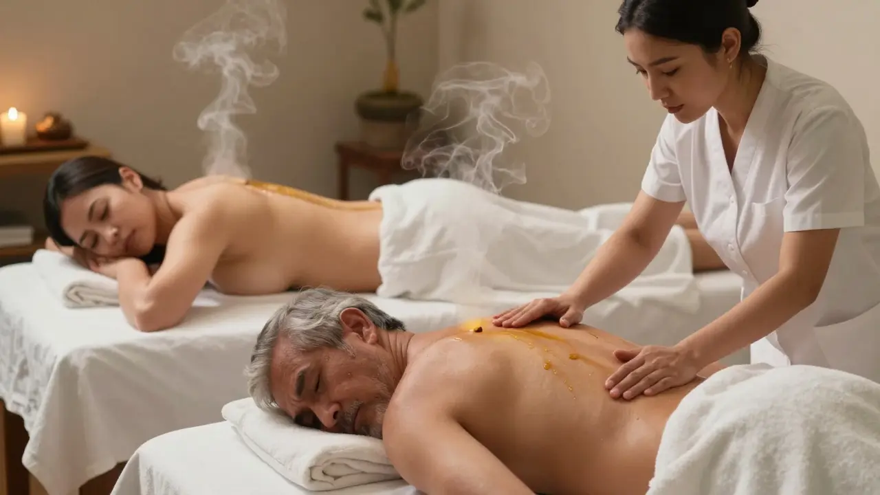Trois personnes différentes recevant des massages ayurvédiques personnalisés dans des chambres calmes, avec de la vapeur d'herbes et un praticien attentif.
