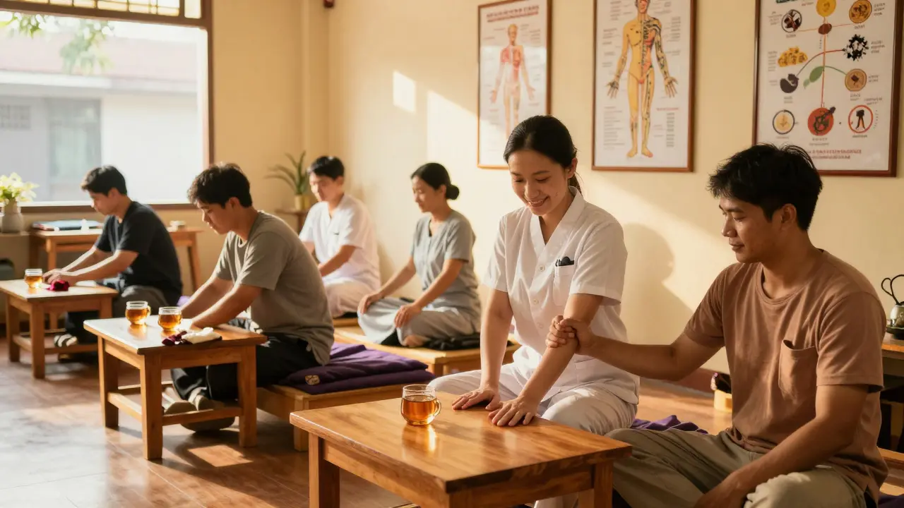 Un groupe de masseurs aveugles travaille dans un centre communautaire à Hanoi, entourés de symboles traditionnels, dans une atmosphère de respect et de professionnalisme.