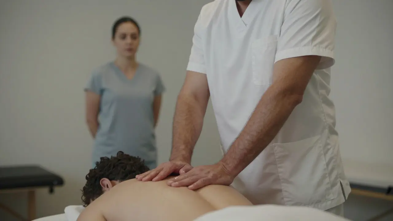 Un masseur aveugle soigne un patient en rééducation après des brûlures, ses mains exercent une pression douce et contrôlée dans un centre médical.