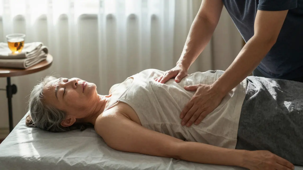 Une femme enceinte recevant un massage doux et adapté, guidée avec attention par un praticien aveugle.