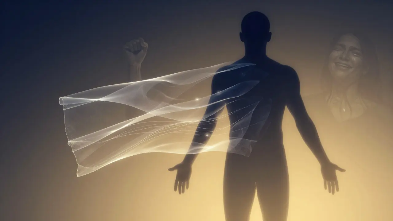 Une silhouette qui évolue d'une posture courbée à une posture droite, avec des couches de fascia qui se décollent.