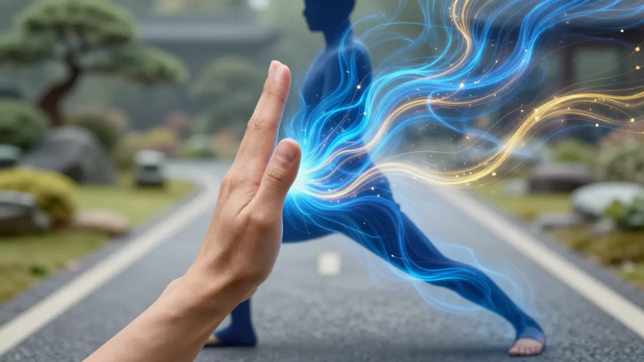 Gros plan sur l'acupression du point Hegu pendant une posture de yoga.