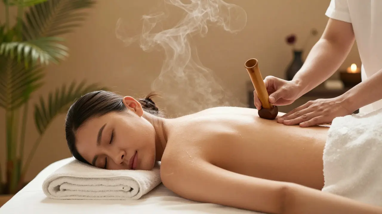 Personne détendue après un massage créole au bambou dans un cadre serein.