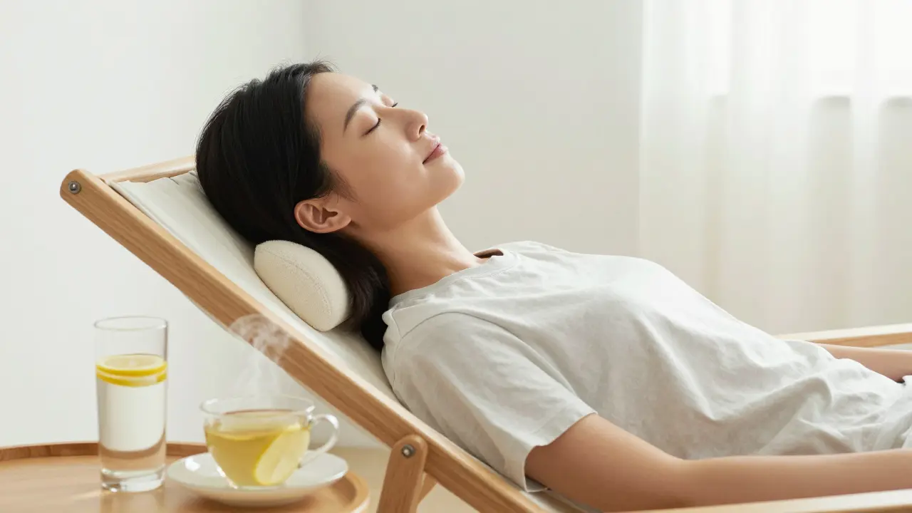 Personne détendue dans un cadre zen avec de l'eau et une tisane pour optimiser la détox.