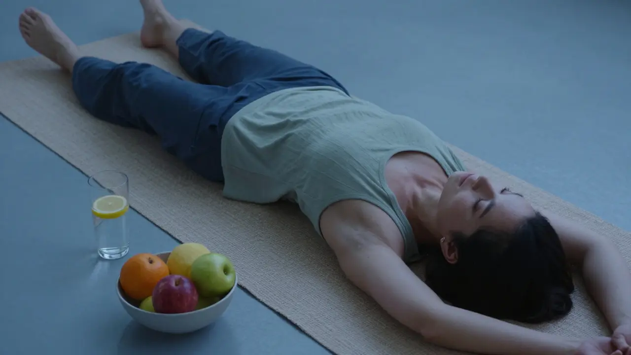 Personne en posture de relaxation Savasana avec des fruits frais et de l'eau.