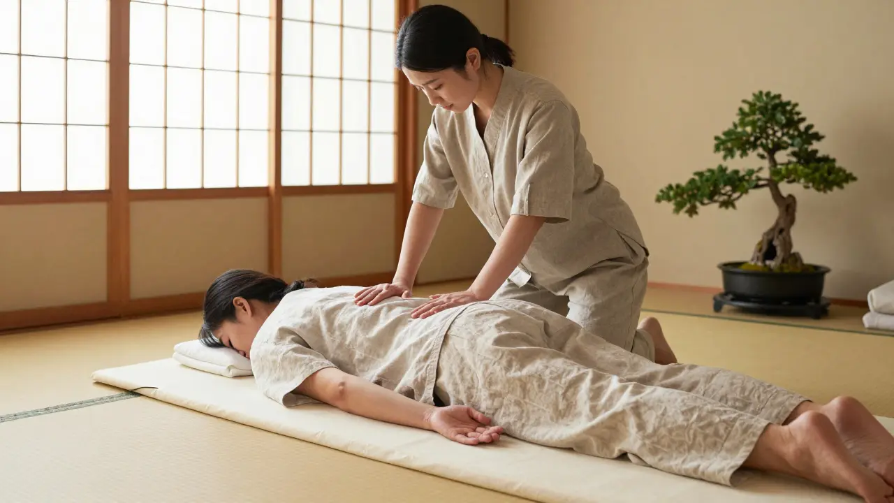 Praticien de Shiatsu appliquant une pression sur un client sur un futon dans un studio zen.