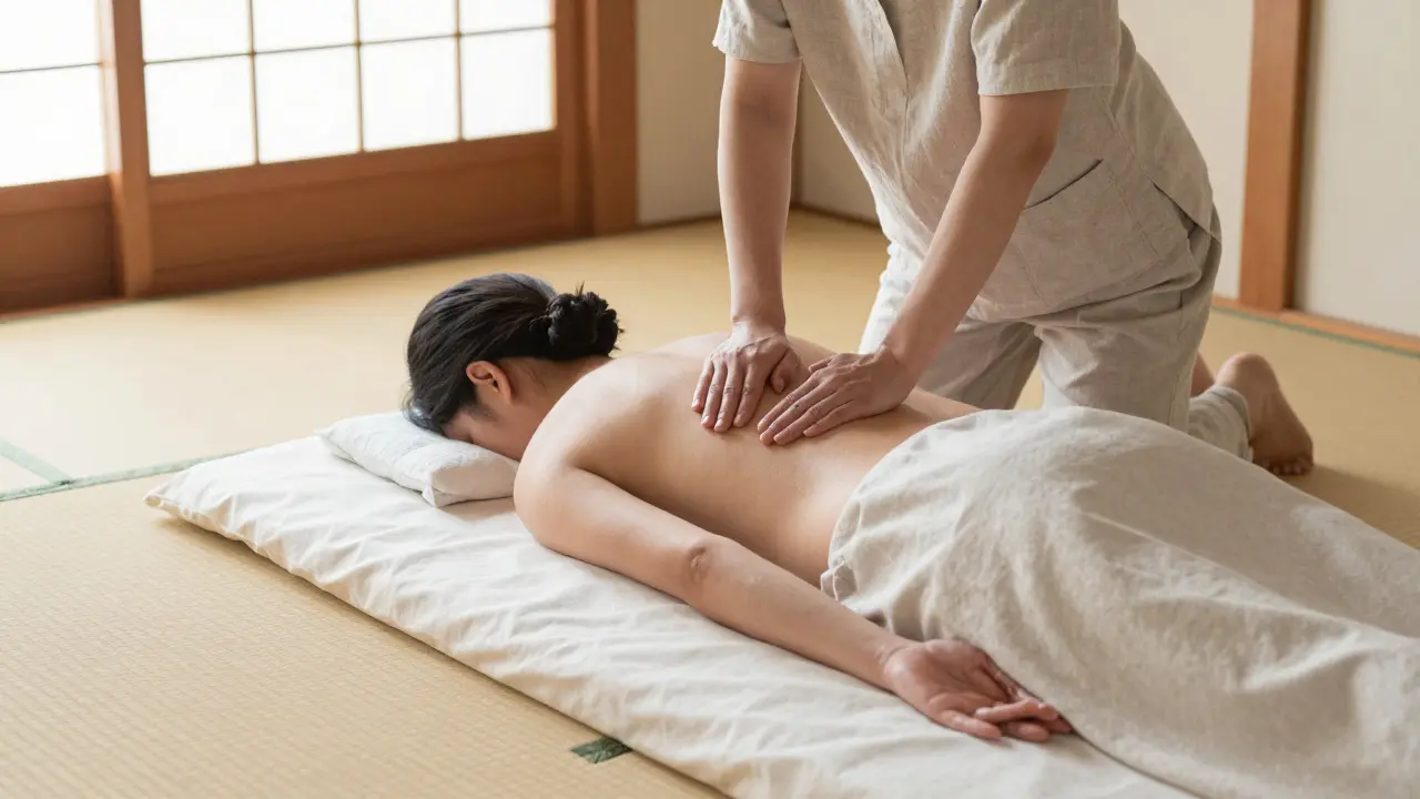 Praticien effectuant un massage Amma sur un futon dans une pièce japonaise zen.