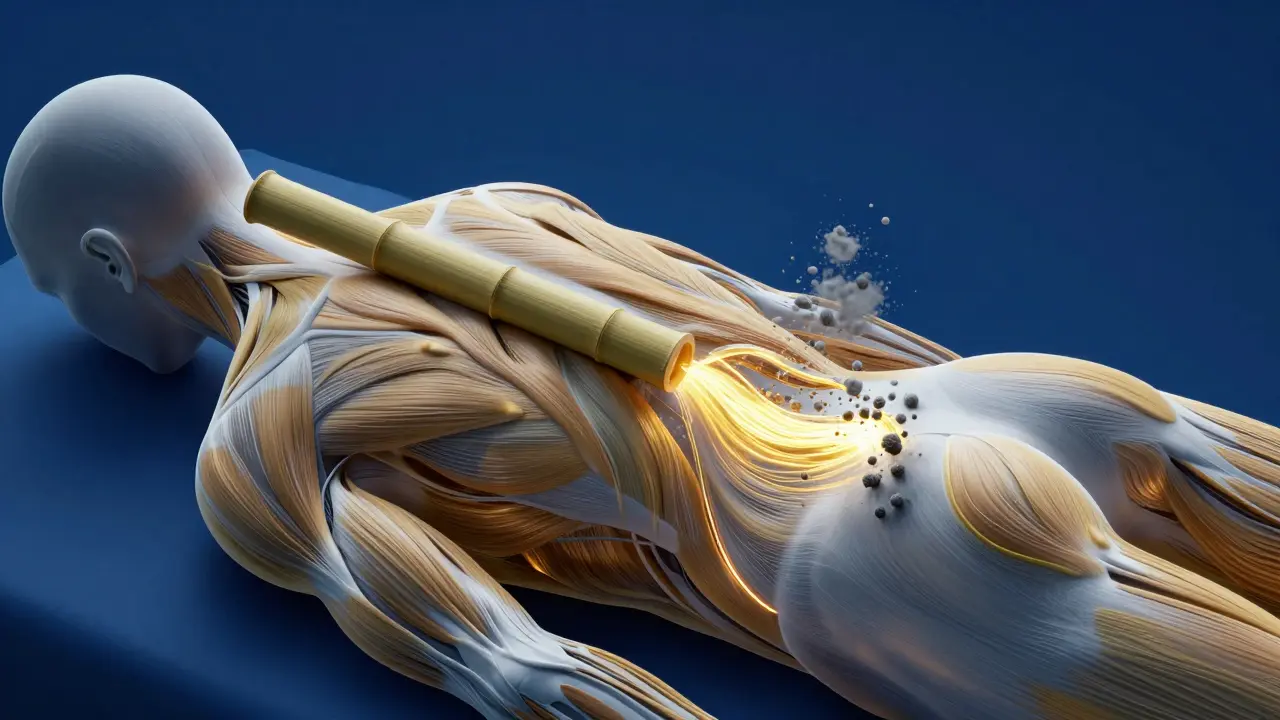 Représentation artistique du drainage des toxines avec un bâton de bambou sur le dos.