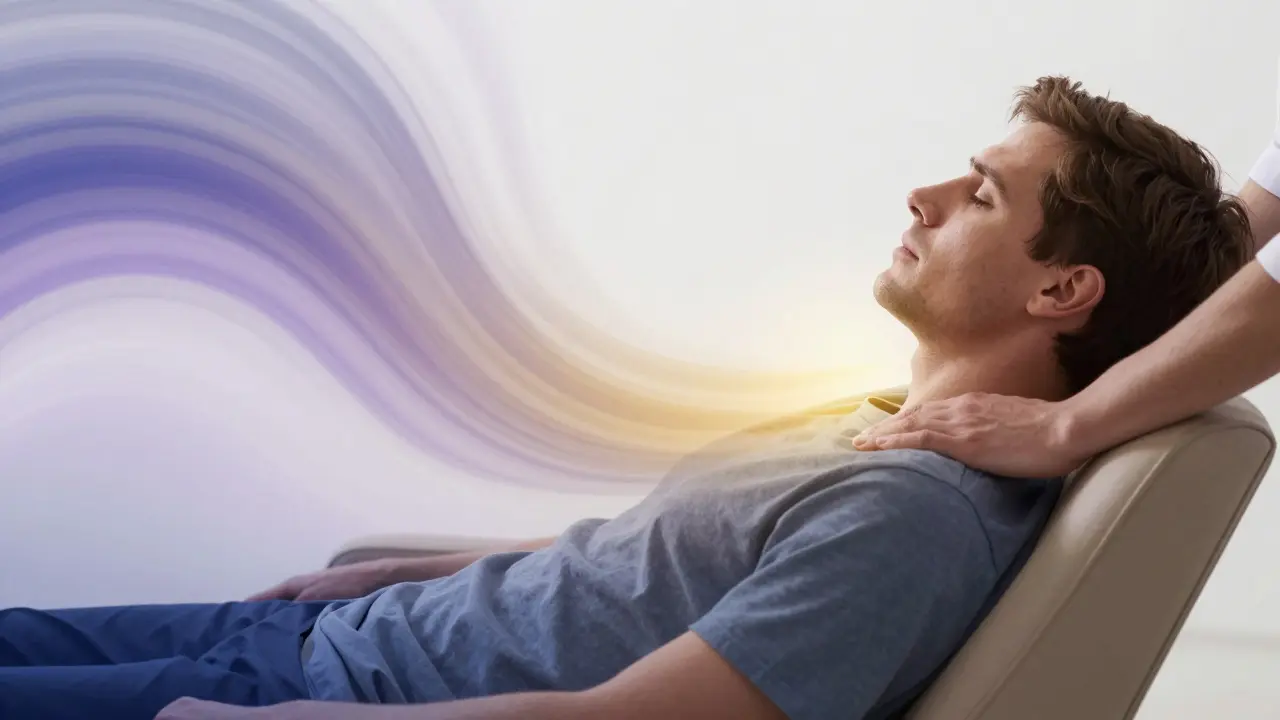 Représentation artistique du passage de l'anxiété à la sérénité grâce à un toucher apaisant sur l'épaule.