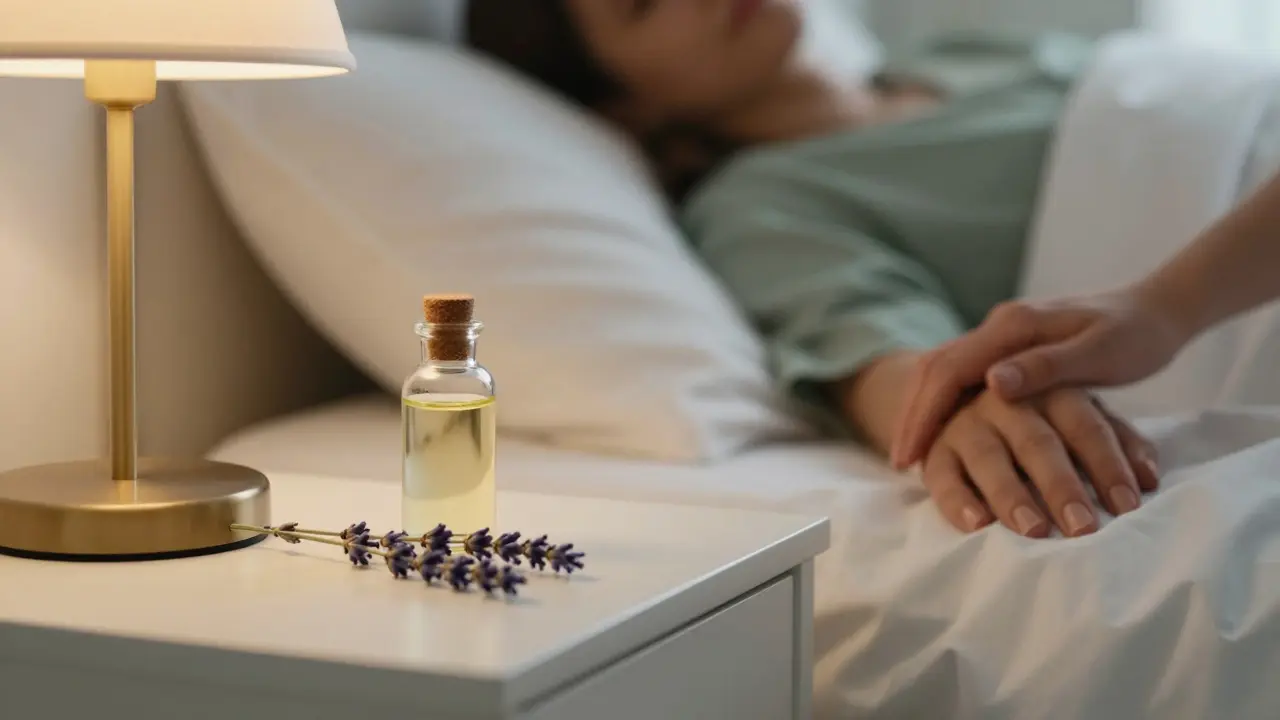 Une bouteille d'huile d'amande et de la lavande près d'un lit dans une atmosphère calme et tamisée.