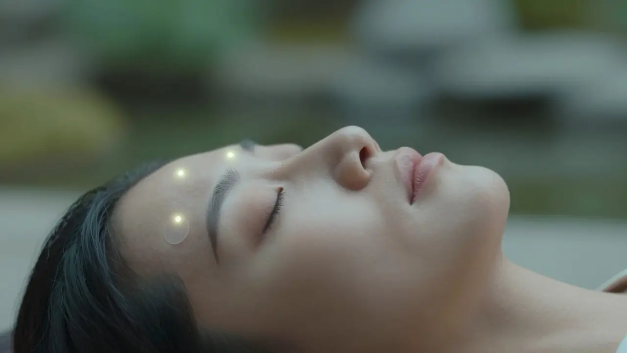 Visage serein avec des points de lumière symbolisant la clarté mentale et la détente.