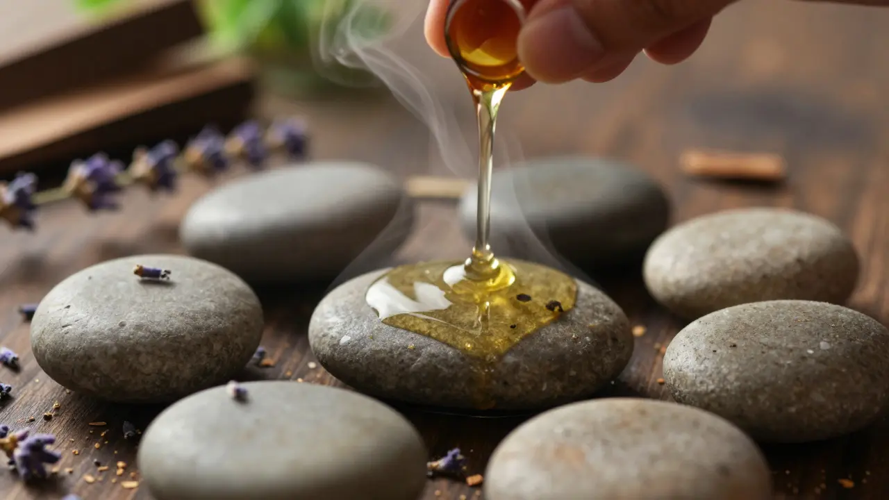 Gouttes d'huile chaude sur des pierres et herbes aromatiques pour la détente
