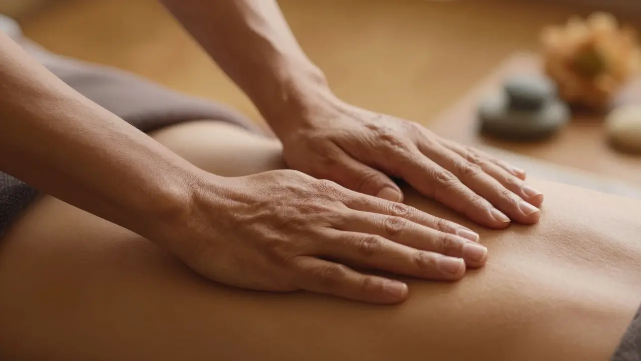 Gros plan artistique des mains effectuant un massage Lomi Lomi fluide et apaisant sous une lumière chaude.