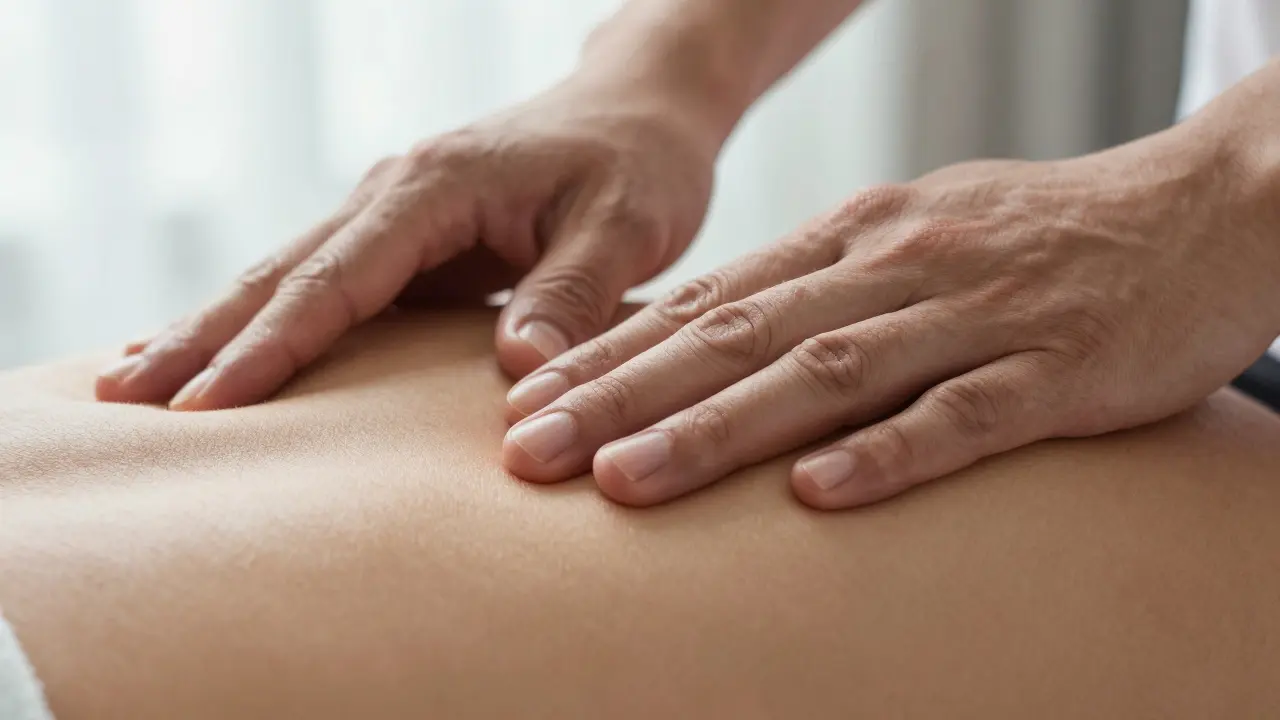 Gros plan des mains ajustant la pression lors d'un massage thérapeutique précis.