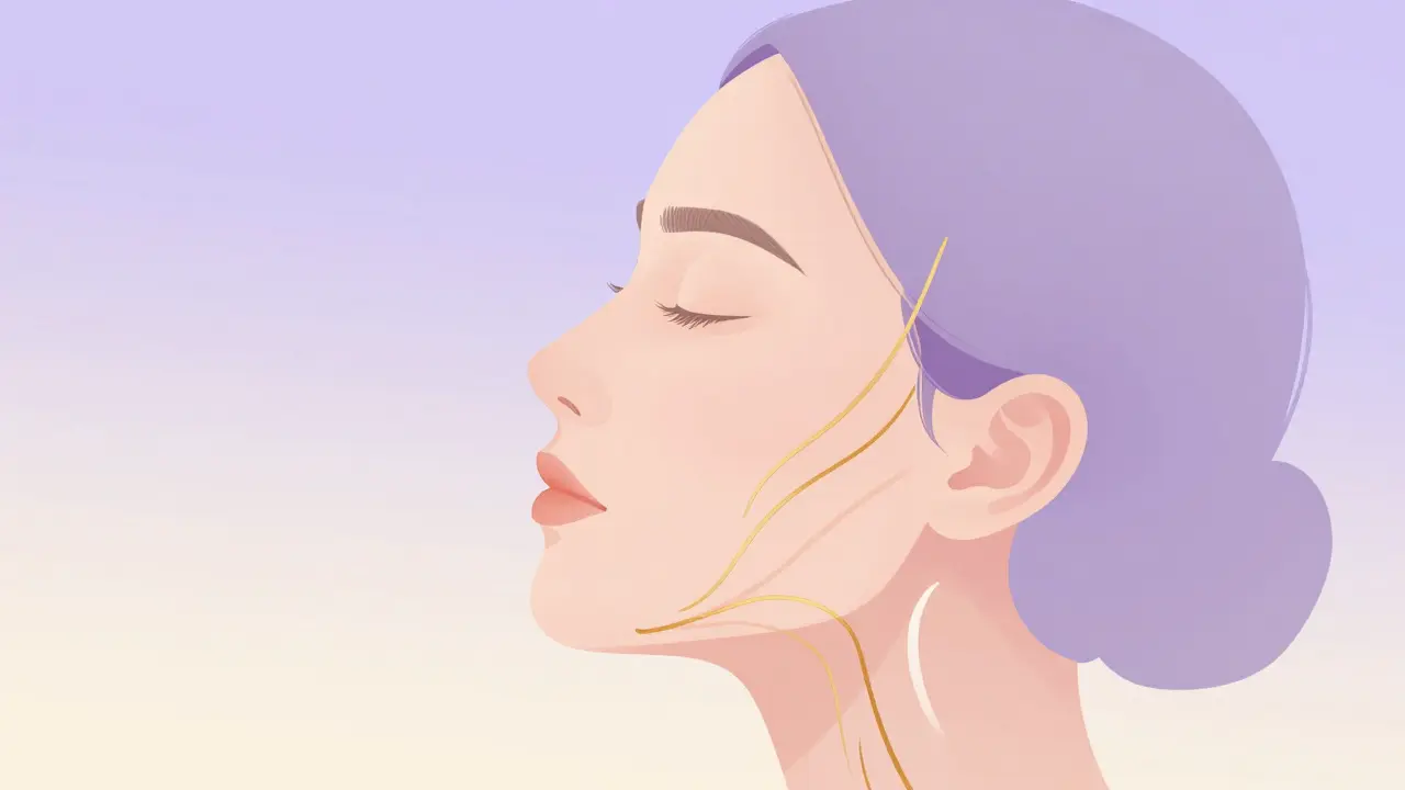 Illustration abstraite montrant le drainage lymphatique facial avec des lignes dorées ascendantes