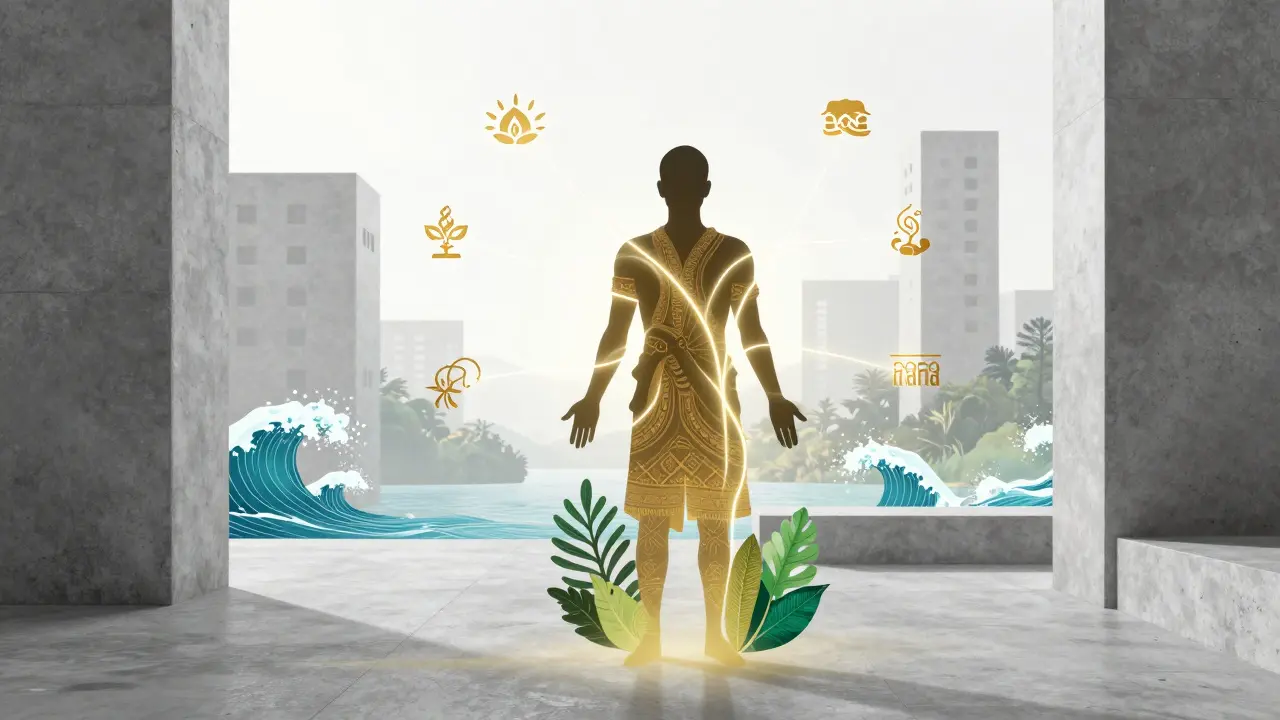 Illustration conceptuelle d'une personne connectée à l'énergie vitale dans un environnement urbain moderne.
