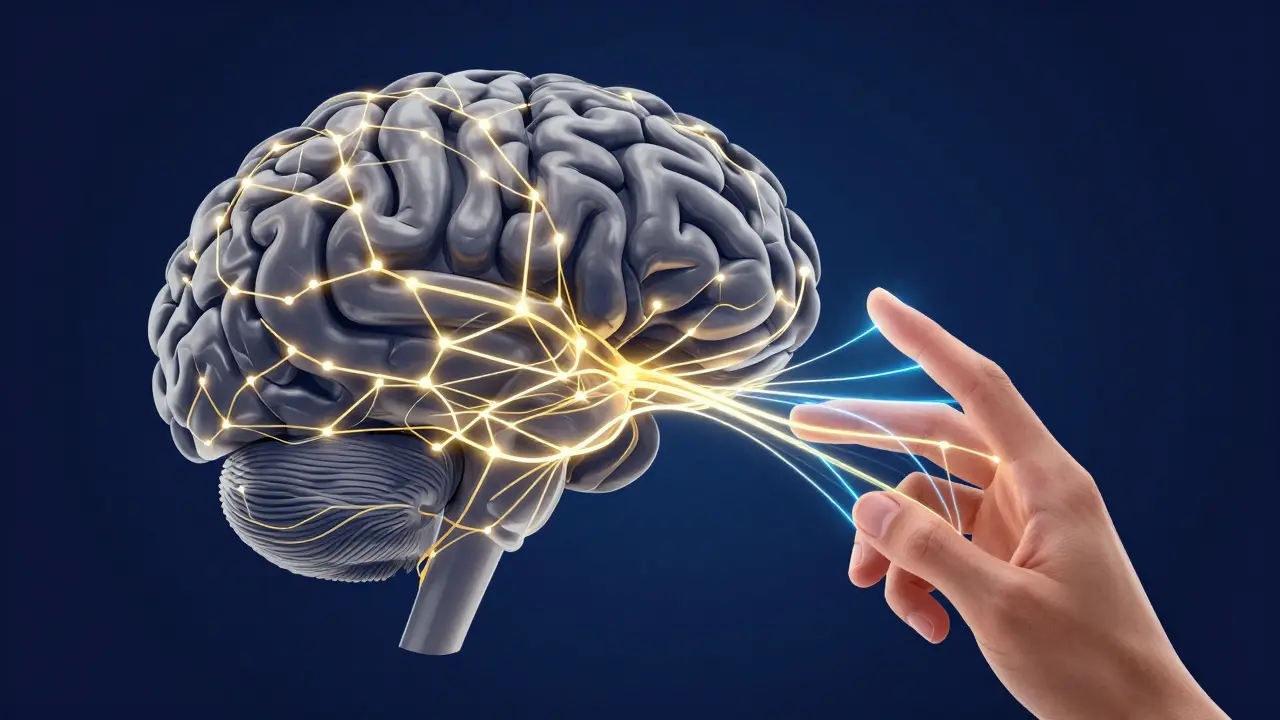 Illustration d'un cerveau avec des réseaux neuronaux lumineux convergent vers les doigts.
