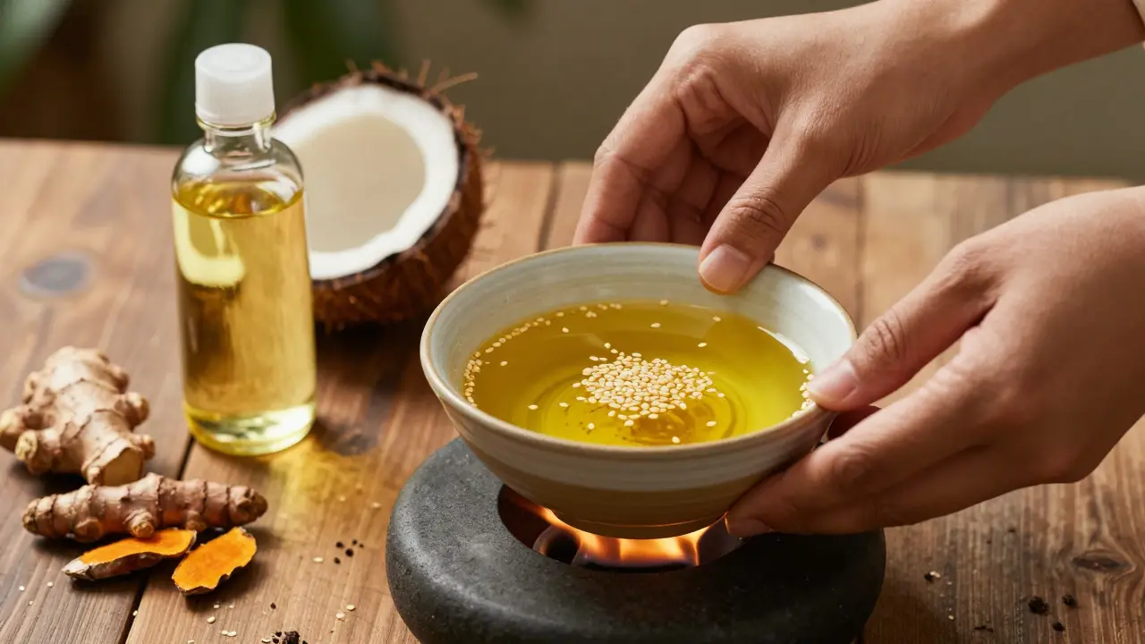 Mains chauffant de l'huile de sésame pour un massage Abhyanga traditionnel.