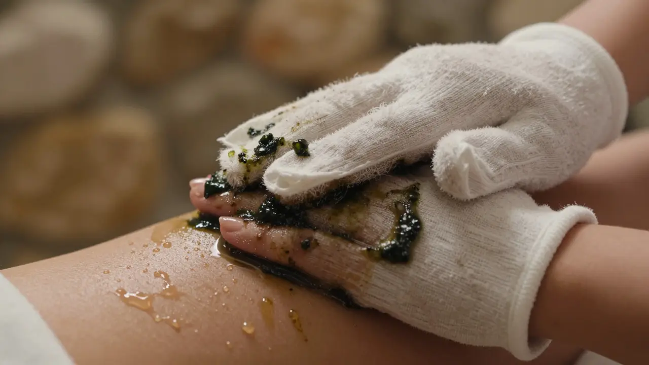 Mains utilisant un gant kessa et du savon noir pour l'exfoliation