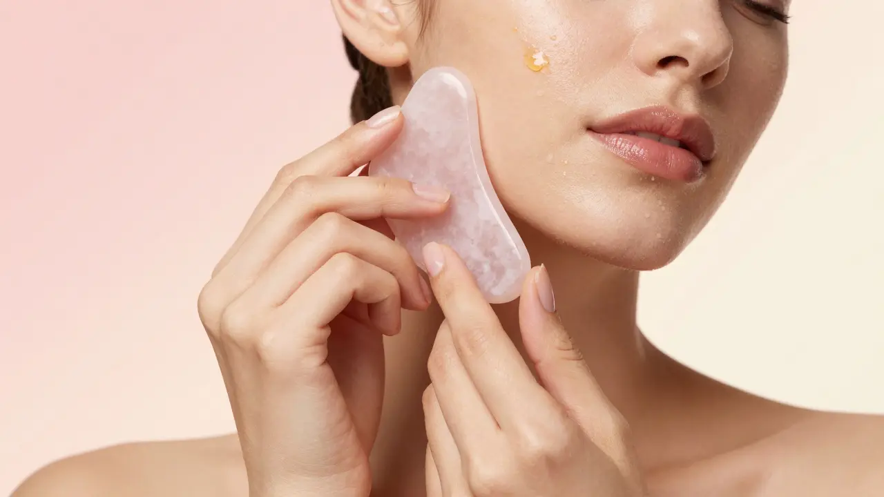 Mains utilisant un outil en quartz rose avec de l'huile faciale
