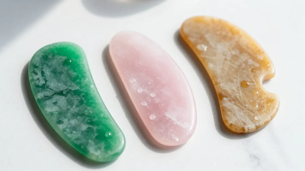 Outils Gua Sha en jade, quartz rose et os disposés sur du marbre blanc avec des gouttes d'eau